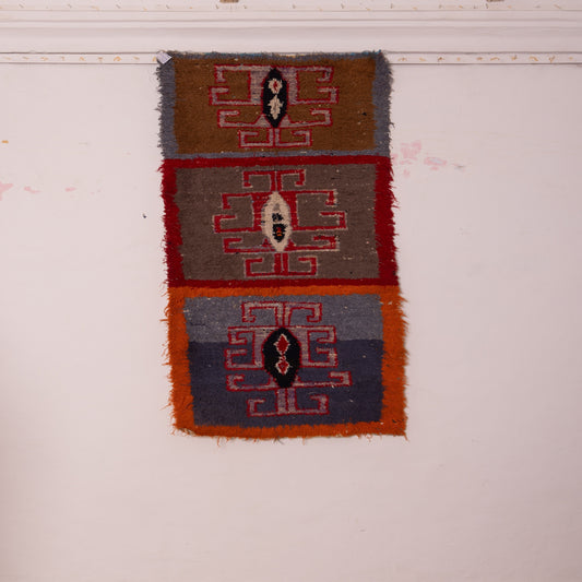 Vintage Moroccan Corridor Runner Rug - Handwoven Wool Carpet - Geometric Design in Red, Orange & Blue