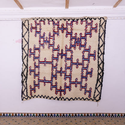 Handwoven Vintage Moroccan Berber Rug – Geometric Tribal Design in Bold Red & Blue ;  8,53 ft  / 6,40 ft