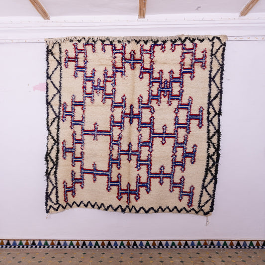 Handwoven Vintage Moroccan Berber Rug – Geometric Tribal Design in Bold Red & Blue