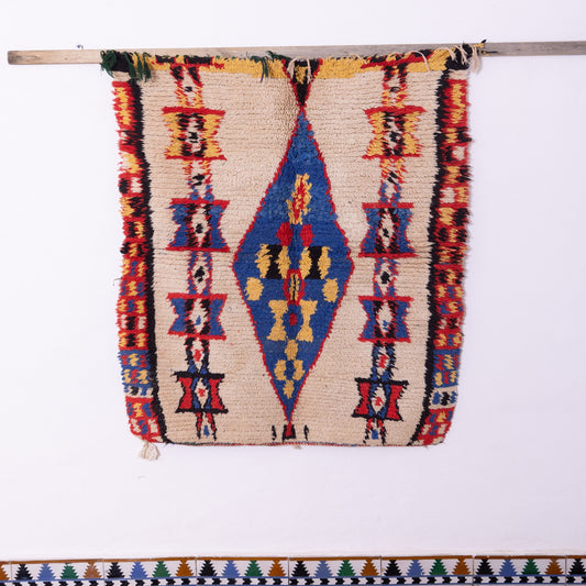 Vintage Azilal Rug – Handwoven Moroccan Wool Rug with Tribal Diamond Motif & Bright Primary Colors – Boho Berber Wall or Floor Decor