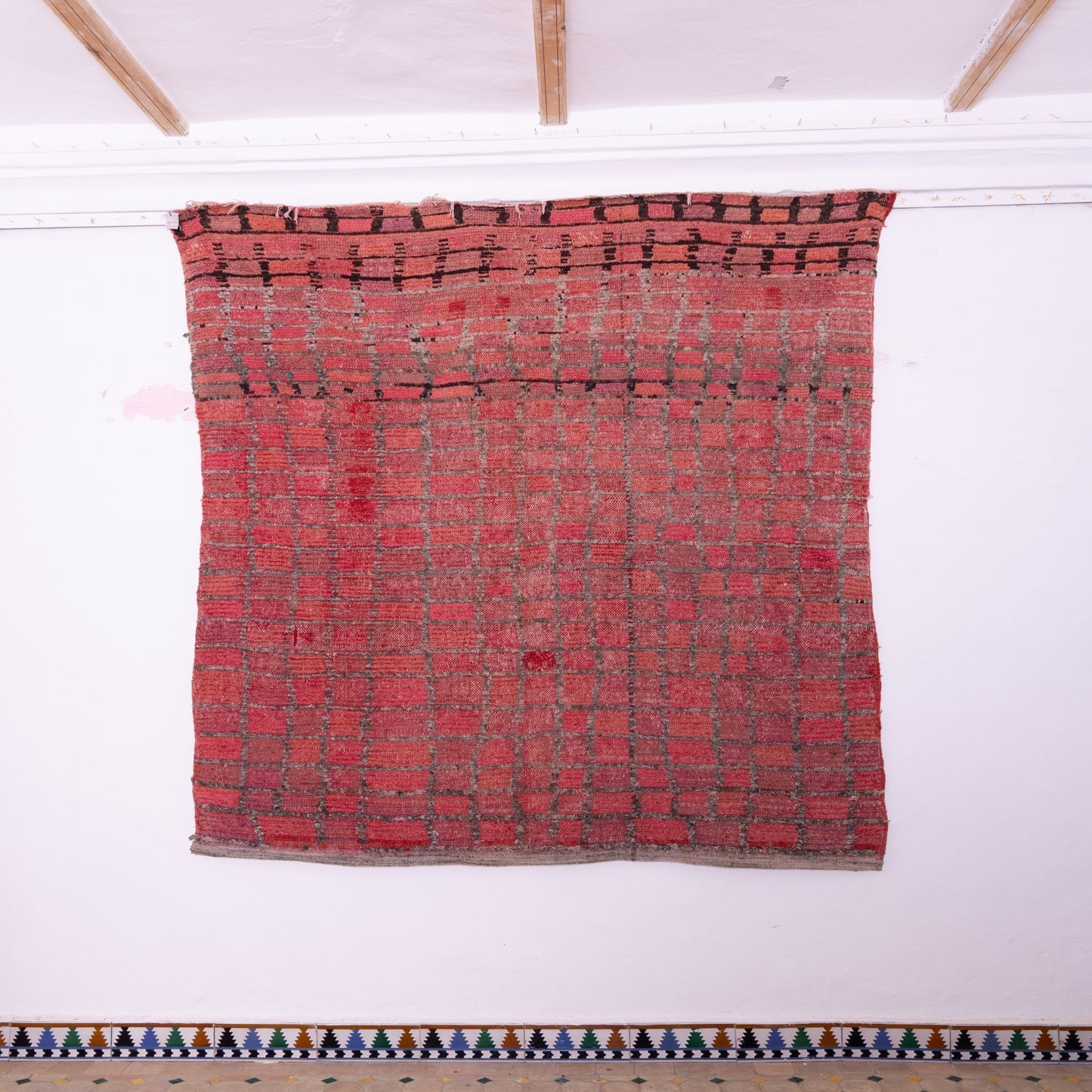 Vintage Moroccan Bjaad Rug – Handwoven Wool Rug in Deep Red & Black Geometric Design – Authentic Berber Carpet