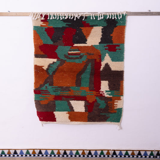 Earth-Toned Boujad Rug – New Moroccan Wool Rug – Terracotta, Forest Green & Cream – Abstract Tribal Handwoven Wall Hanging