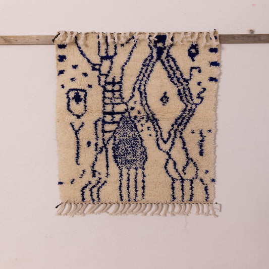 New Handmade Azilal Wool Rug - Abstract Blue Berber Symbols - Moroccan Tribal Floor or Wall Decor