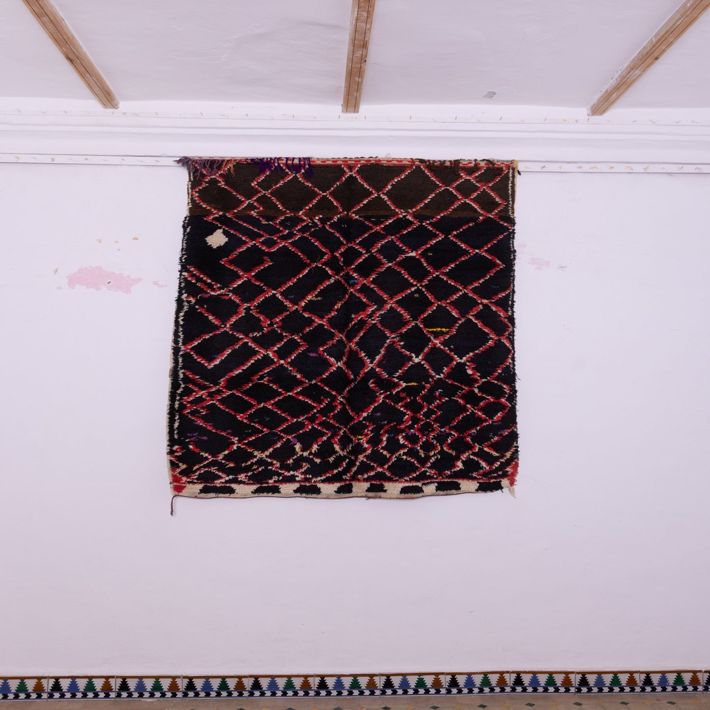 Night Weave” – Vintage Moroccan Rug with Red Lattice on Black Wool