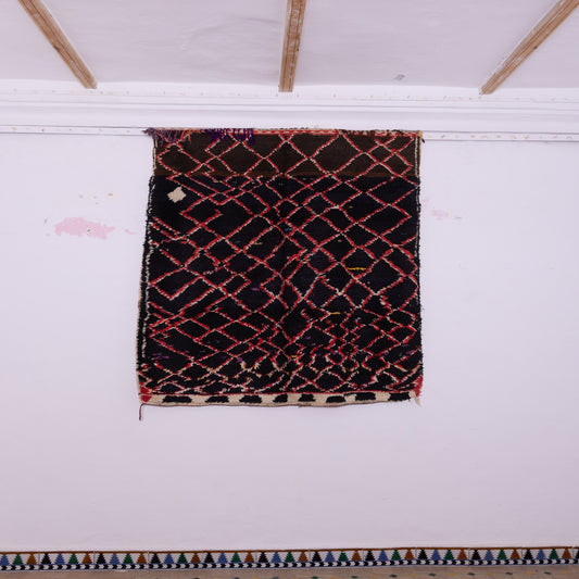 Night Weave” – Vintage Moroccan Rug with Red Lattice on Black Wool