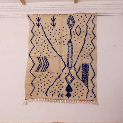 Modern Azilal Rug with Indigo Blue Tribal Motifs - 80% Wool 20% Cotton - Handwoven Moroccan Abstract Carpet - Contemporary Berber Decor