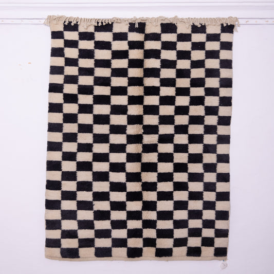 Handmade Moroccan Checkered Wool Rug – Black & White Berber Carpet – Modern Geometric Beni Ourain Rug