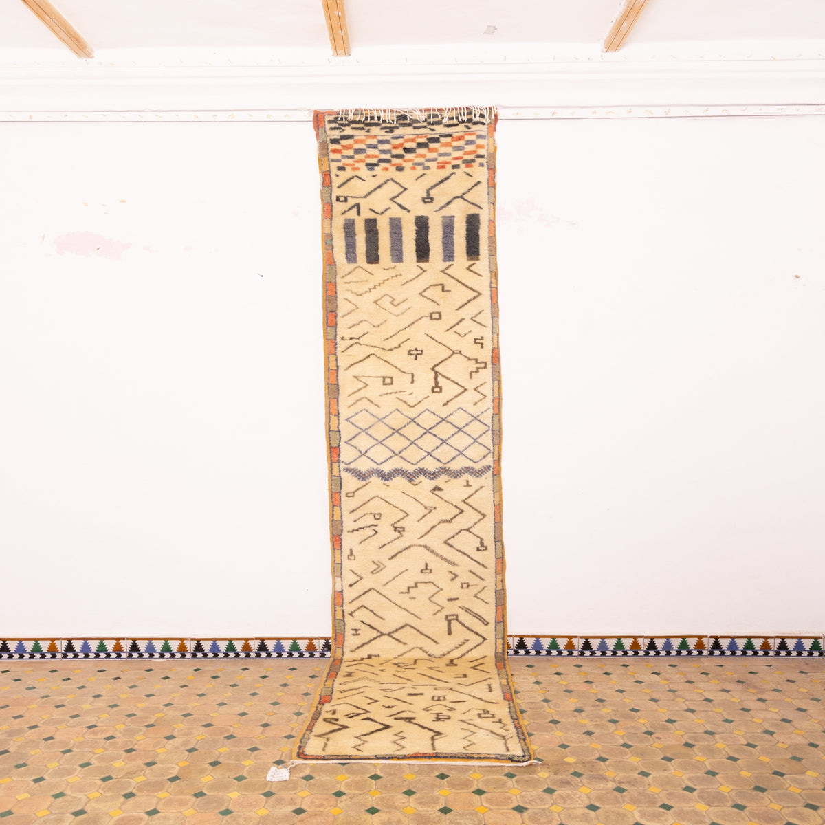 Modern Abstract Moroccan Runner Rug - Long Hallway Wool Carpet - Berber Handmade Neutral Taznakht Design