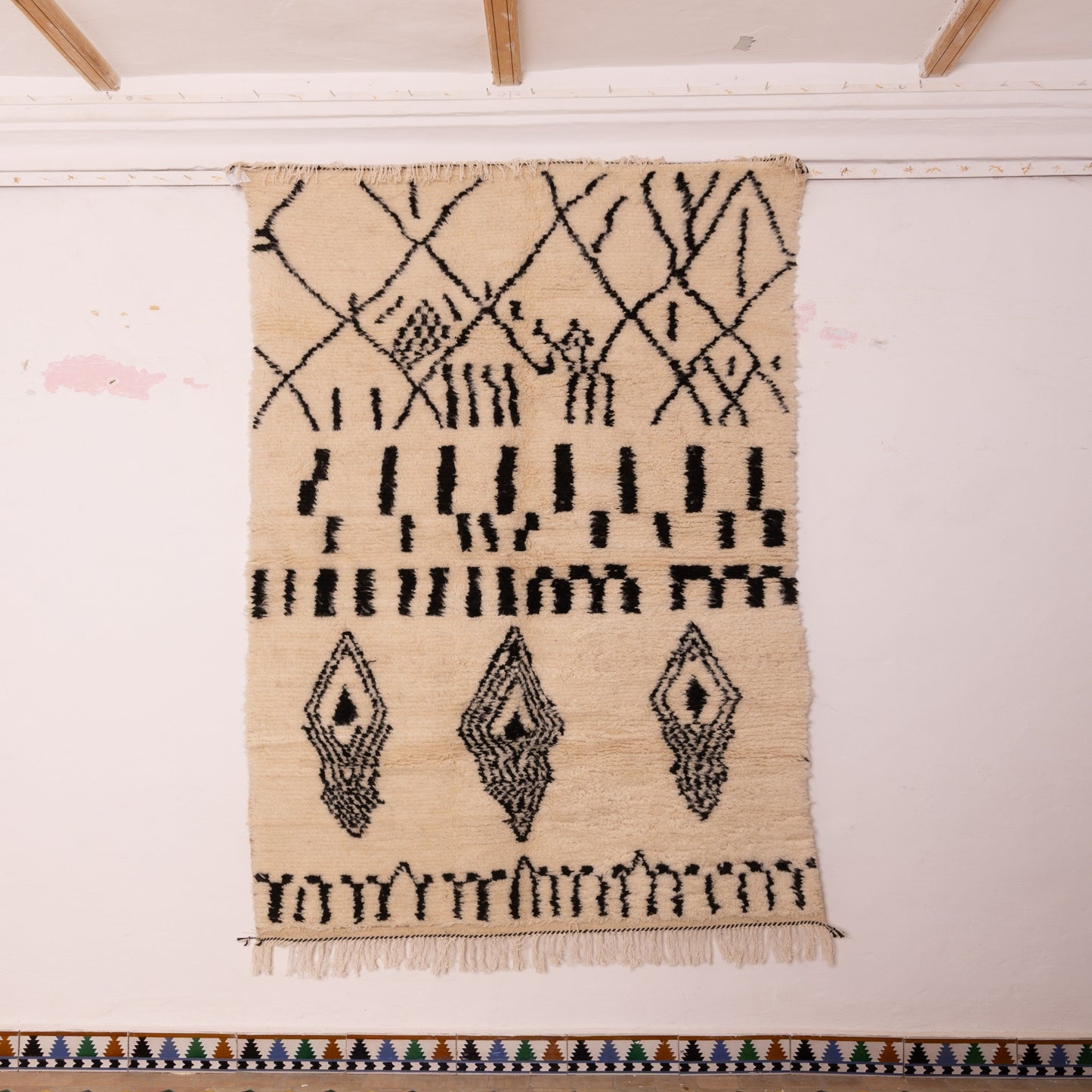 Black and White Azilal Rug - Geometric Moroccan Wool & Cotton Runner - Handwoven Berber Tribal Wall or Floor Art