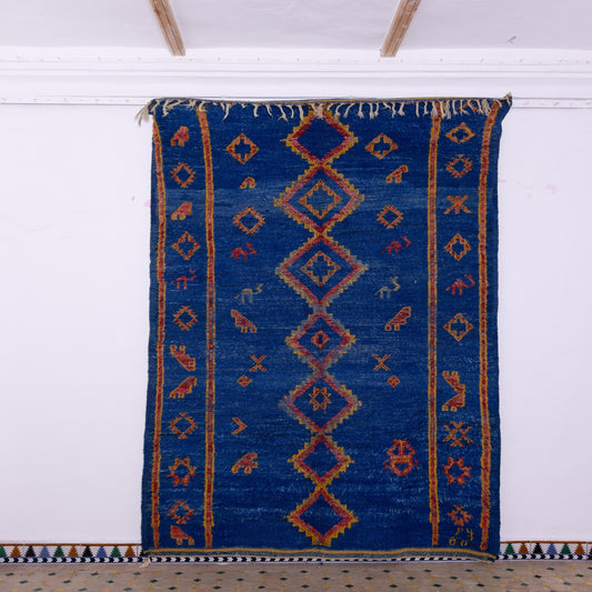 Vintage Moroccan Berber Rug – Handwoven Wool from Moyen Atlas – Deep Blue with Tribal Symbols – Authentic Beni Mguild Carpet – Bohemian & Ethnic Home Decor