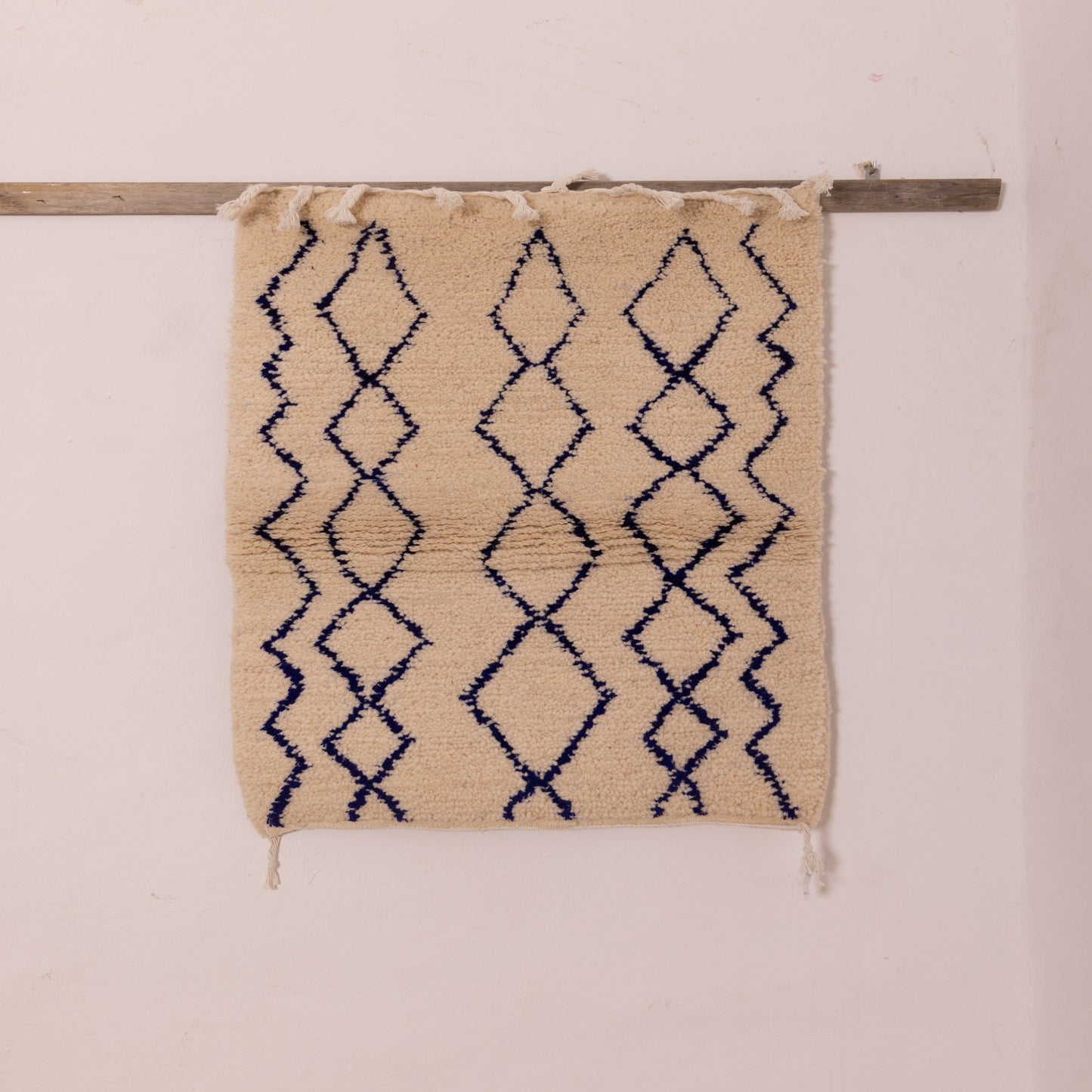 New Handmade Azilal Wool Rug - Diamond Pattern in Blue on Cream - Modern Moroccan Decor
