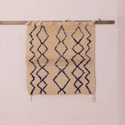 New Handmade Azilal Wool Rug - Diamond Pattern in Blue on Cream - Modern Moroccan Decor