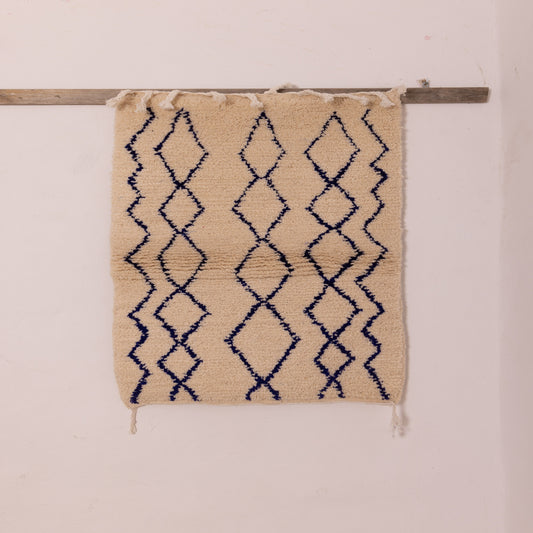 New Handmade Azilal Wool Rug - Diamond Pattern in Blue on Cream - Modern Moroccan Decor