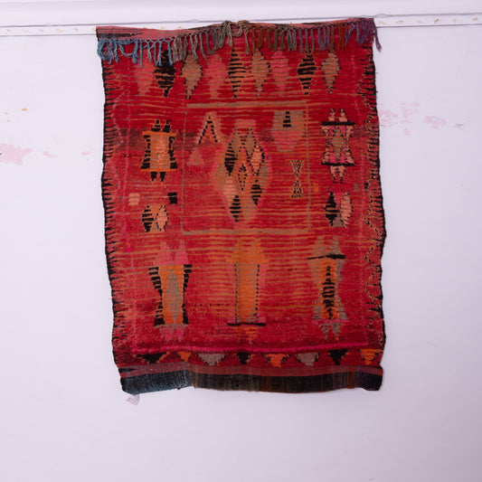 Vintage Boujad Rug – Handwoven Moroccan Wool Carpet, Rich Red & Tribal Berber Symbols, Bohemian Boho Chic Area Rug, Unique Handmade Home Decor