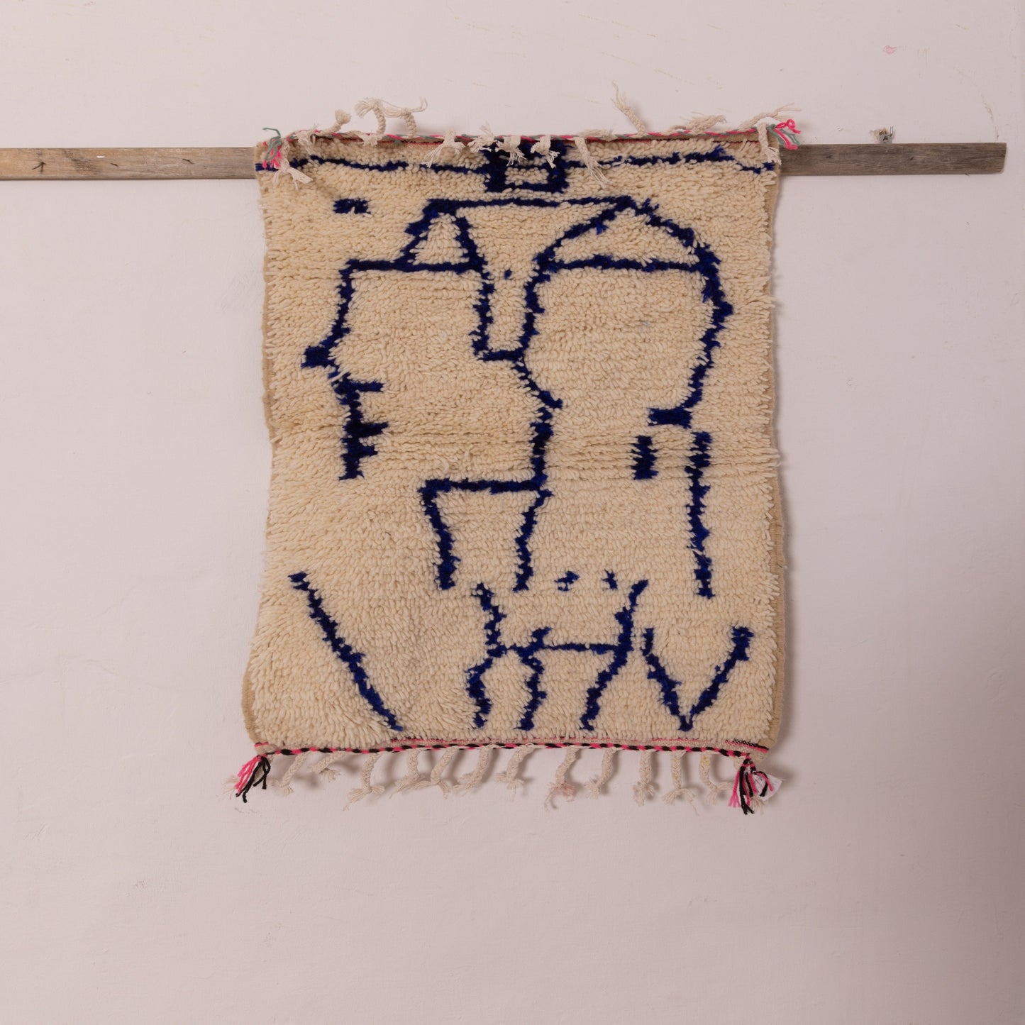 New Handmade Azilal Wool Rug - Abstract Blue Figures on Cream - Moroccan Tribal Decor for Floor or Wall