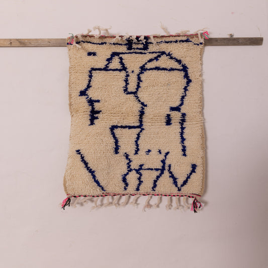 New Handmade Azilal Wool Rug - Abstract Blue Figures on Cream - Moroccan Tribal Decor for Floor or Wall