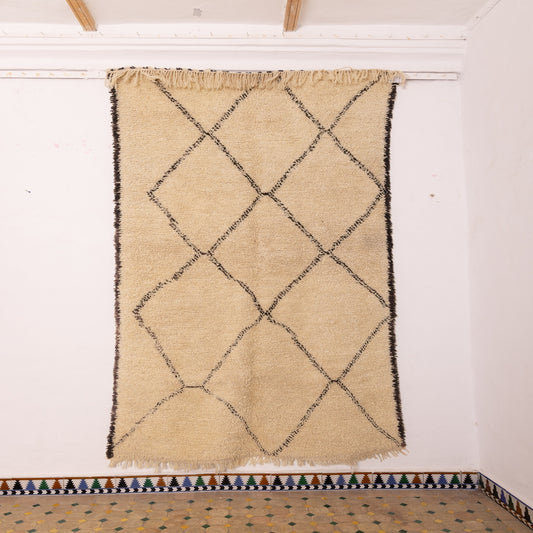 Minimalist Beni Ourain Moroccan Rug - Handwoven Wool Area Rug - Cream with Black Diamond Pattern - Authentic Berber Carpet - 100% Wool