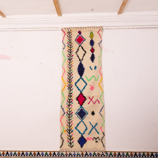 Vintage Moroccan Corridor Runner Rug - Cream Wool Handwoven Hallway Carpet with Multicolor Tribal Motifs - Berber Long Rug