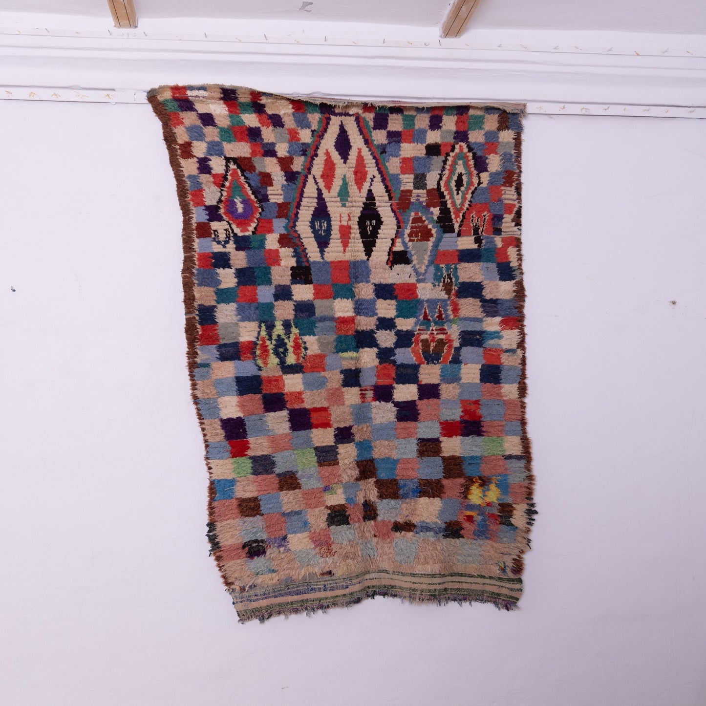 Vintage Bjaad Moroccan Rug - Handwoven Berber Wool Carpet - Geometric Tribal Checkerboard & Diamond Pattern - Authentic Handmade Boho Rug