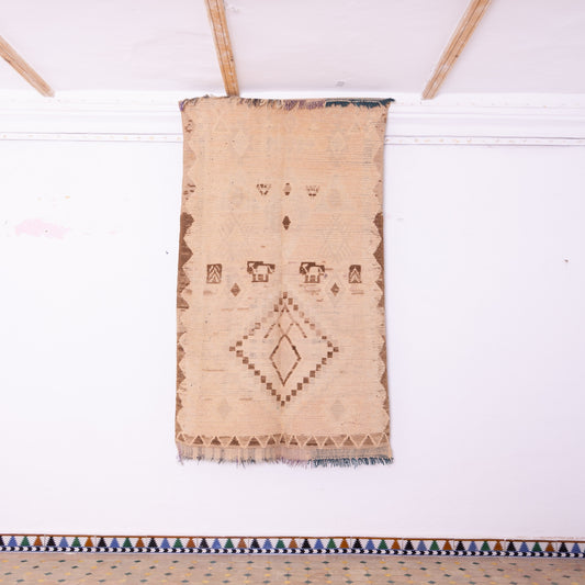 Vintage Moroccan Bjaad Rug – Minimalist Beige & Brown Handwoven Wool Berber Carpet – Timeless Boho Chic Decor