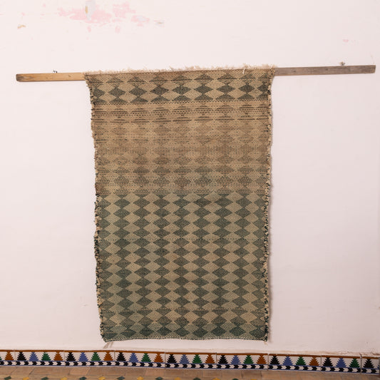 Green Geometric Wool Rug - Handwoven Corridor Accent Piece