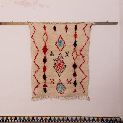 Small Azilal Rug - Vibrant Red & Blue Diamond Berber Design - Moroccan Handwoven Wool & Cotton Carpet
