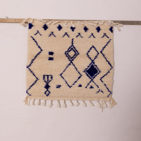 New Handmade Azilal Wool Rug - Blue Diamond Tribal Design on Cream - Moroccan Wall or Floor Decor