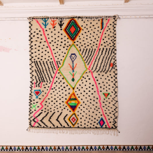Colorful Azilal Wool Rug - Handwoven Moroccan Berber Carpet - Abstract Tribal Art for Wall or Floor - 80% Wool 20% Cotton
