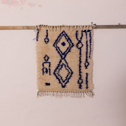 Small Azilal Wool Rug - Blue Geometric Moroccan Handmade Art - 80% Wool 20% Cotton - Mini Berber Wall or Floor Piece