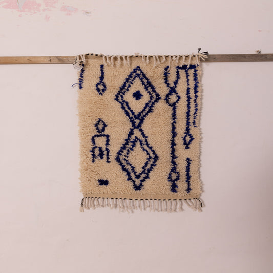 Small Azilal Wool Rug - Blue Geometric Moroccan Handmade Art - 80% Wool 20% Cotton - Mini Berber Wall or Floor Piece