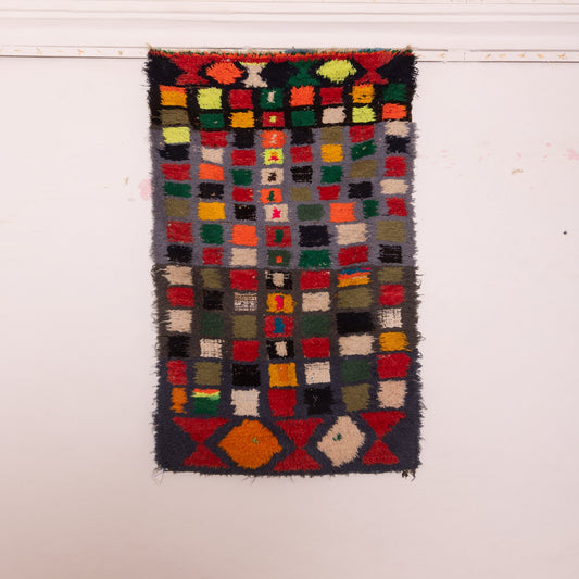 Vintage Moroccan Corridor Rug - Handwoven Colorful Grid Runner - Abstract Berber Wool Rug