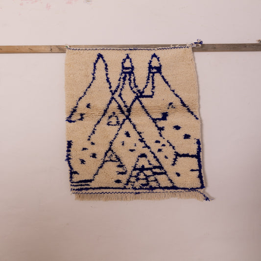 New Handmade Azilal Wool Rug - Blue Mountain Pattern on Cream - Abstract Tribal Decor for Wall or Floor