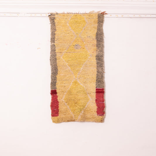 Minimalist Moroccan Corridor Runner Rug - Vintage Handwoven Yellow Wool Rug with Red Accents - Berber Diamond Hallway Carpet