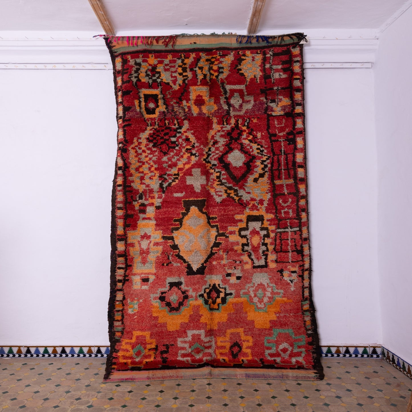 Vintage Moroccan Rehamna Rug - Handwoven Wool and Goat Wool Berber Carpet - Authentic Tribal Red & Geometric Bohemian Rug ;  11,98 / 5,09 ft