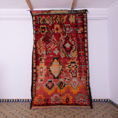 Vintage Moroccan Rehamna Rug - Handwoven Wool and Goat Wool Berber Carpet - Authentic Tribal Red & Geometric Bohemian Rug ;  11,98 / 5,09 ft