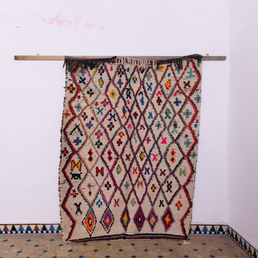 Colorful Vintage Azilal Rug - Handwoven Moroccan Wool Carpet with Tribal Diamond Motif - Boho Wall Decor or Area Rug