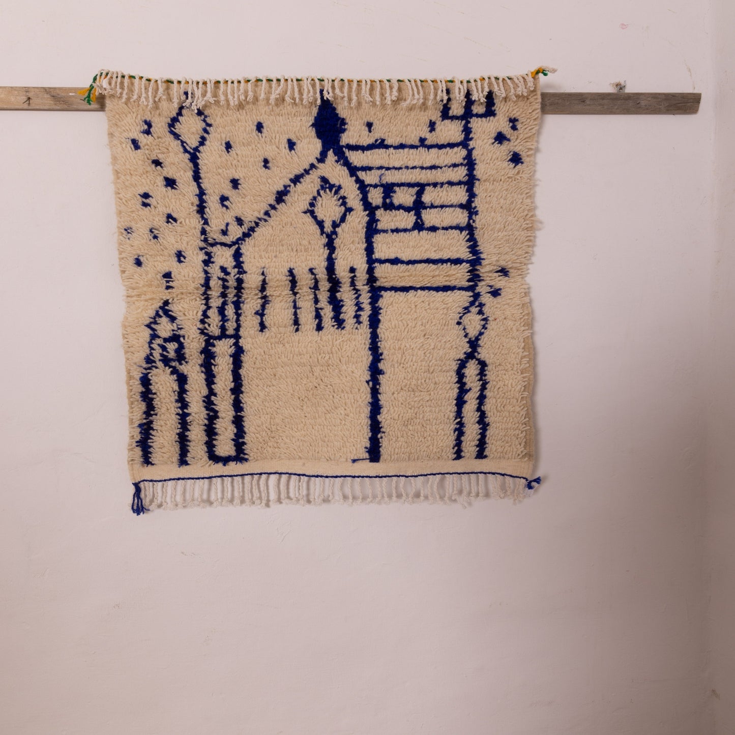 New Handmade Azilal Wool Rug - Blue Abstract Architecture Design on Cream - Modern Moroccan Tribal Decor
