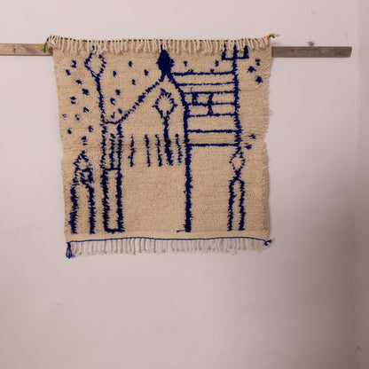 New Handmade Azilal Wool Rug - Blue Abstract Architecture Design on Cream - Modern Moroccan Tribal Decor