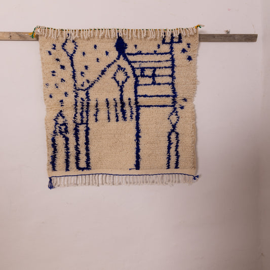 New Handmade Azilal Wool Rug - Blue Abstract Architecture Design on Cream - Modern Moroccan Tribal Decor