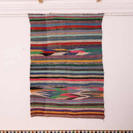 Vintage Moroccan Boucherouite Rug – Handwoven Berber Carpet with Bold Stripes & Abstract Design