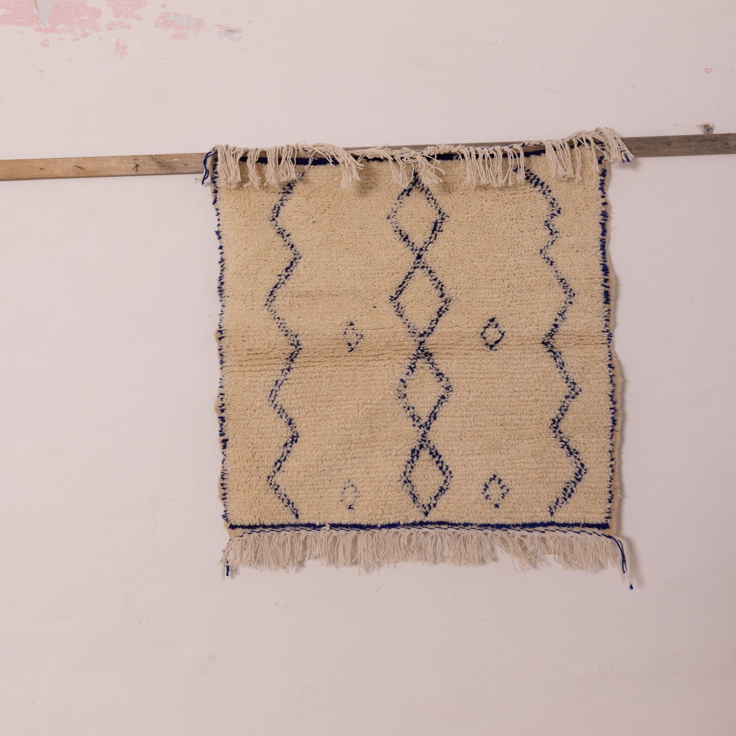 New Handmade Azilal Wool Rug - Blue Diamond Shapes on Neutral Cream - Moroccan Tribal Art for Floor or Wall