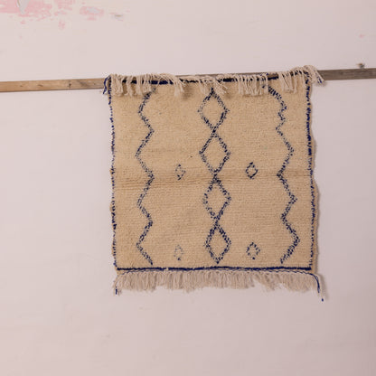 New Handmade Azilal Wool Rug - Blue Diamond Shapes on Neutral Cream - Moroccan Tribal Art for Floor or Wall