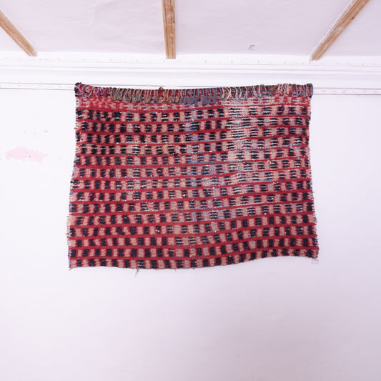 Vintage Bjaad Moroccan Rug – Handwoven Wool Carpet with Classic Red & Black Berber Checkered Design – Unique Bohemian Decor Piece