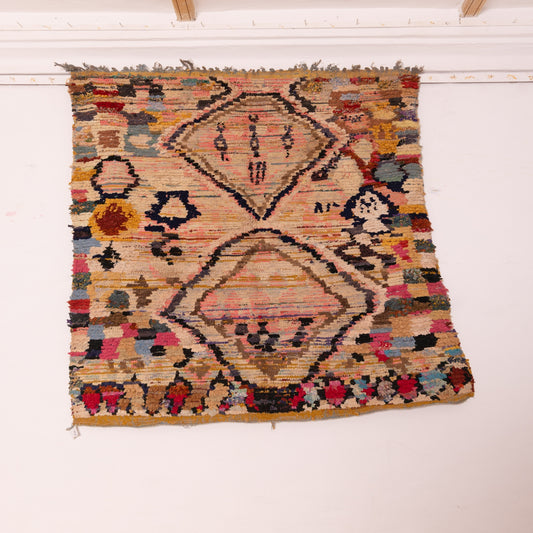 Vintage Moroccan Boucherouite Rug – Handwoven Berber Carpet with Abstract Tribal Patterns