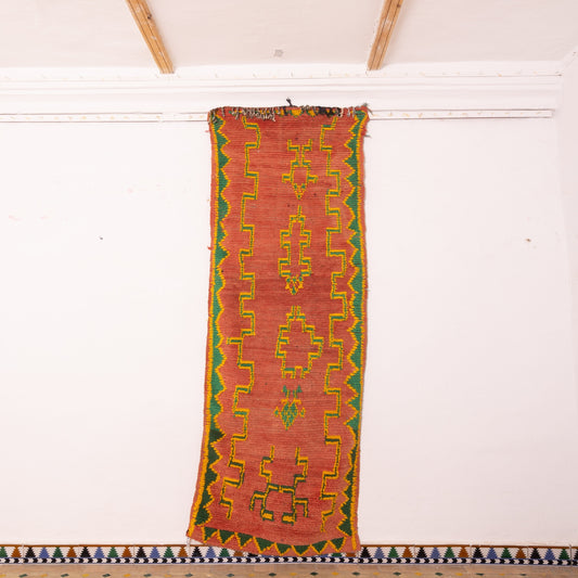 Vintage Moroccan Flat-Weave Runner Rug - Geometric Corridor Carpet in Red, Yellow & Green - Handwoven Tribal Zanafi-Style Rug - Hallway Decor