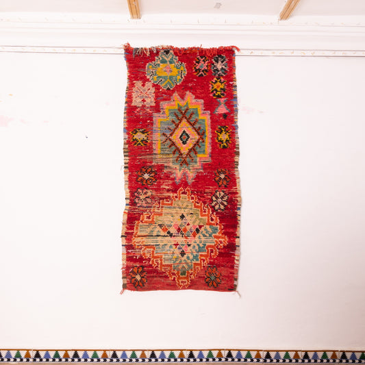 Vintage Moroccan Corridor Runner Rug - Handwoven Berber Wool Carpet - Red, Yellow & Green Tribal Design
