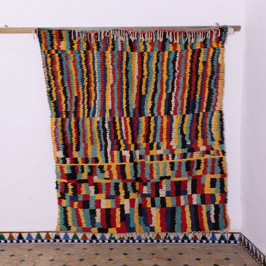 Colorful Vintage Azilal Rug - Handwoven Moroccan Wool Runner - Bohemian Rainbow Striped Berber Carpet