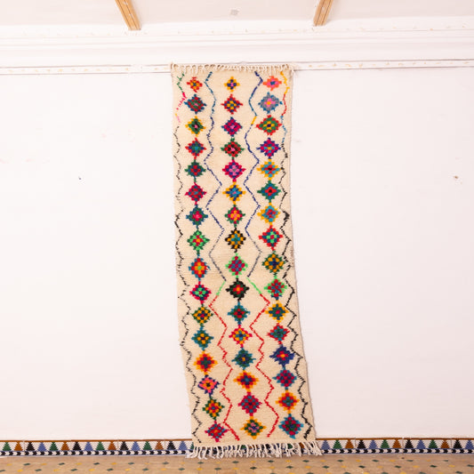 Vintage Moroccan Corridor Runner Rug - Handwoven Wool Hallway Carpet with Multicolor Diamond Motifs - Traditional Berber Tribal Rug