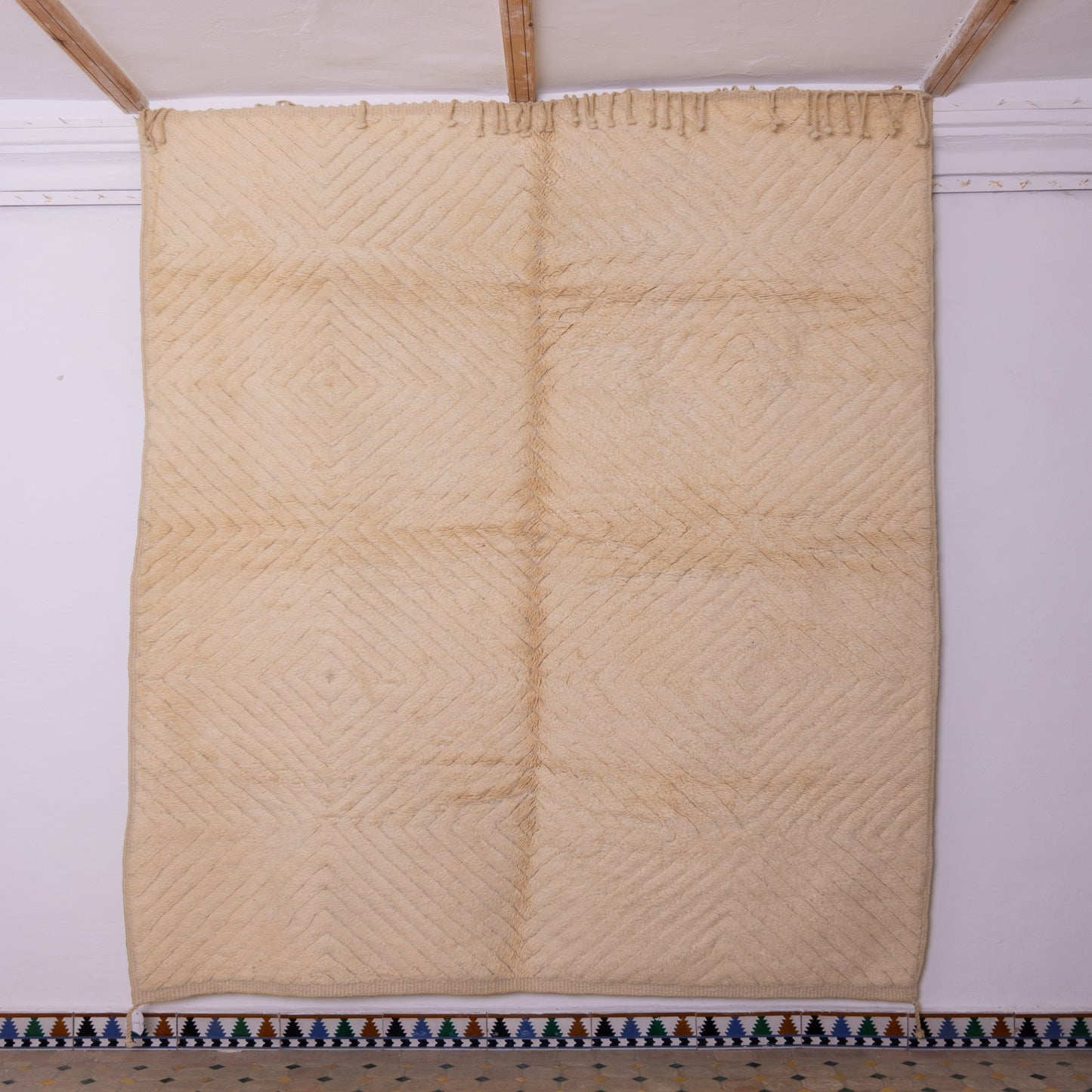 Handmade Mrirt Rug – 100% Wool Moroccan Berber Carpet – Cream Textured Chevron Wool Rug – Luxury Minimalist & Modern Home Decor