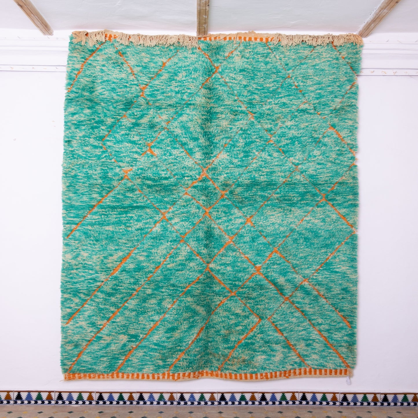 Handmade Mrirt Rug – 100% Wool Moroccan Berber Carpet – Vibrant Green & Orange Diamond Pattern Rug – Boho, Eclectic, & Modern Home Decor
